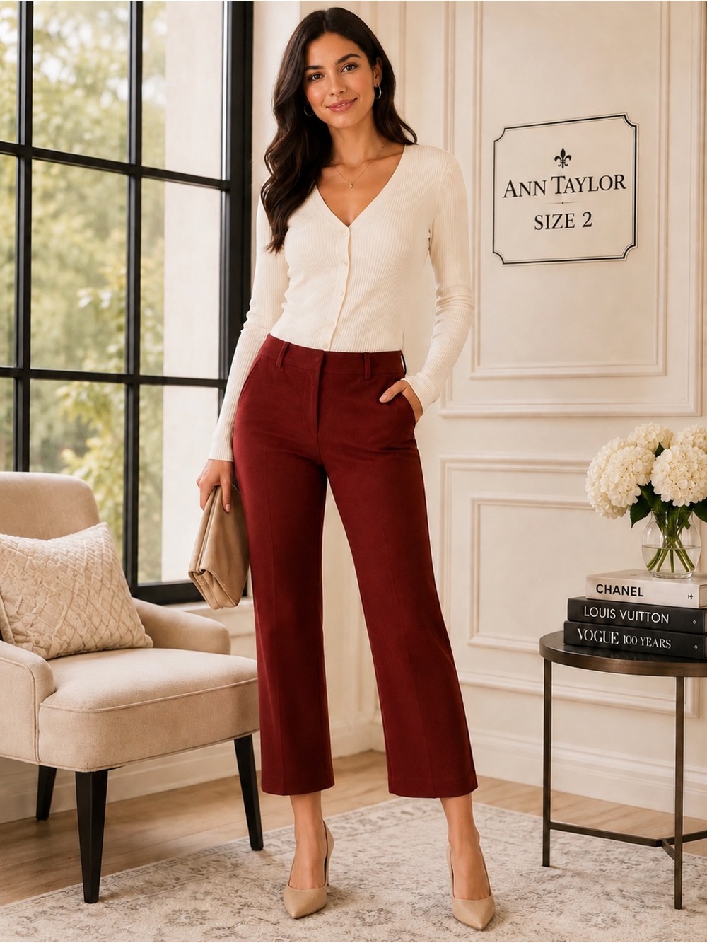 Ann Taylor Burgundy Cropped Ankle Pants Size 2 Stretch Career Dress